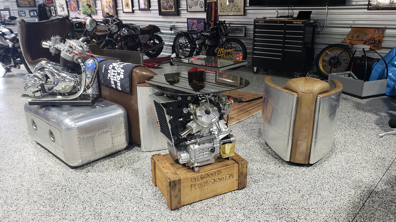 This is a custom engine display using an NOS Honda GL500 engine purchased in its original crate. I made it into a display that actually STARTS and RUNS!